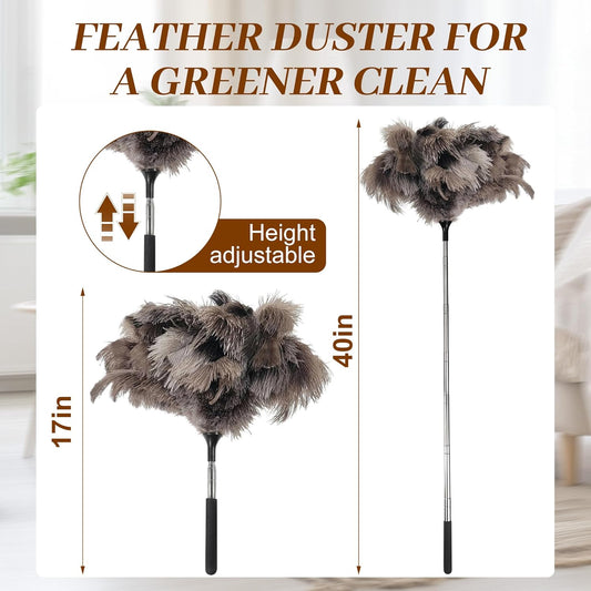 40 inches Extendable Ostrich Feather Duster, Fluffy Long Handle Reusable Duster for Cleaning Ceiling Fans, V1188-WTJ-TLK-2854