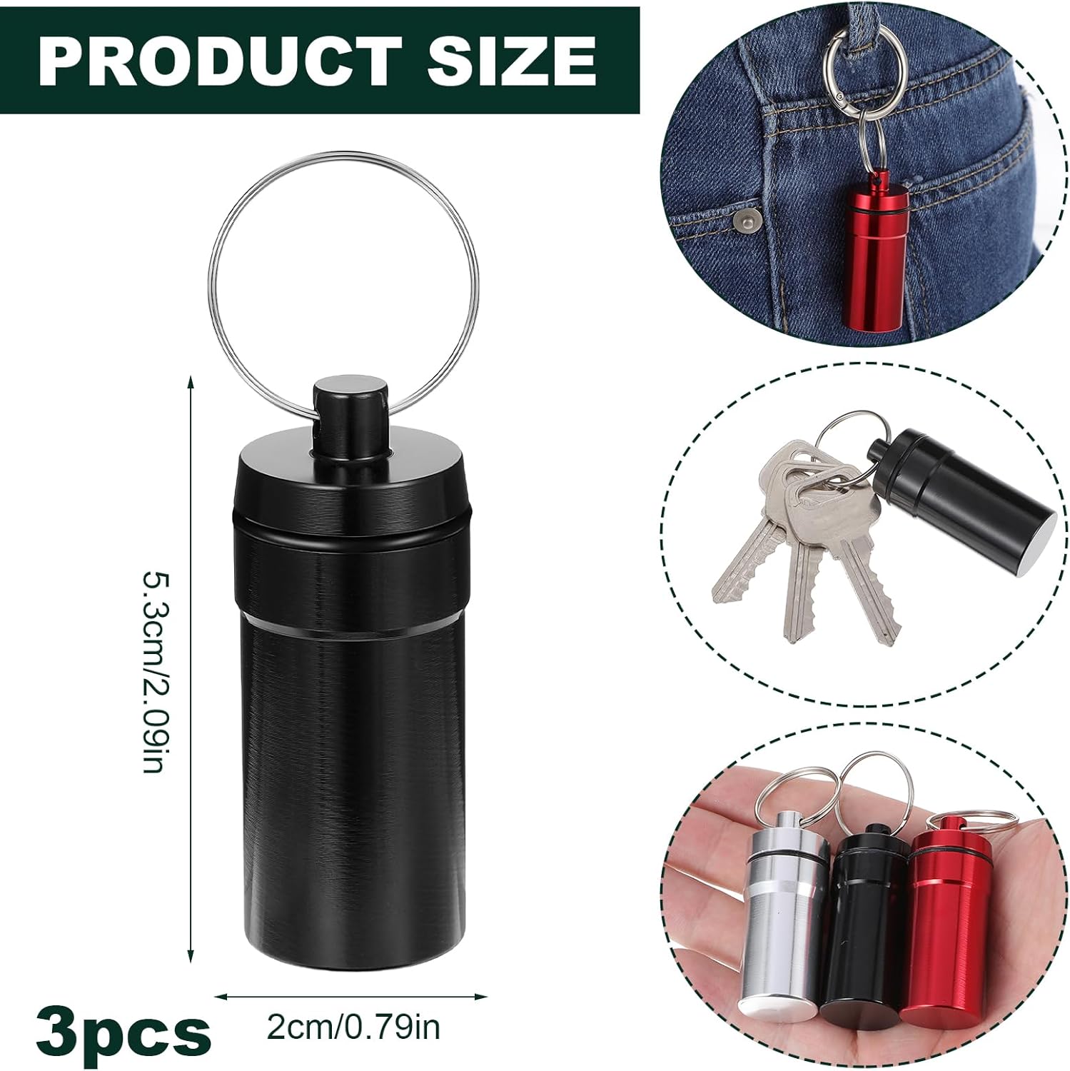 3 Pack Pill Fob Container, Waterproof Aluminum Pill Holder Keychain, Portable Mini Travel Pill Box, V1188-WTJ-TLK-2859