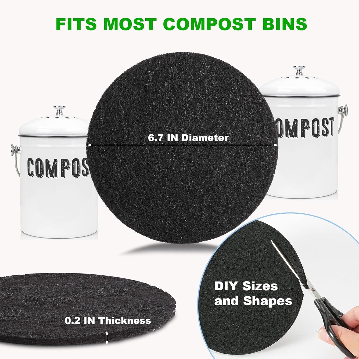 Charcoal Filters for Kitchen Compost Bin, 6 Pack Filters for Compost Pails Countertop Bin Replacement, V1188-WTJ-YL-2550