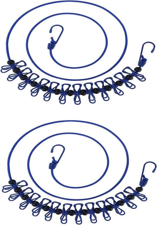 2 Pack 5.84 Feet Windproof Clothesline with 12 Blue Clips, Adjustable Clothes Line for Home, Travel and V1188-WTJ-YL-2569