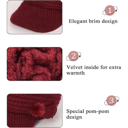 Winter Fleece Lined Thermal Hat for Women, Red Floral Knitted Beret with Brim V1188-XJCJ-118555