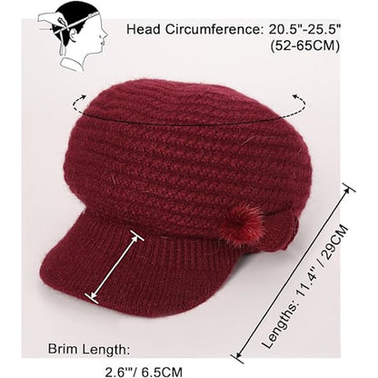 Winter Fleece Lined Thermal Hat for Women, Red Floral Knitted Beret with Brim V1188-XJCJ-118555