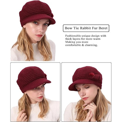 Winter Fleece Lined Thermal Hat for Women, Red Floral Knitted Beret with Brim V1188-XJCJ-118555