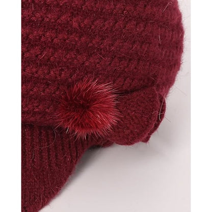 Winter Fleece Lined Thermal Hat for Women, Red Floral Knitted Beret with Brim V1188-XJCJ-118555