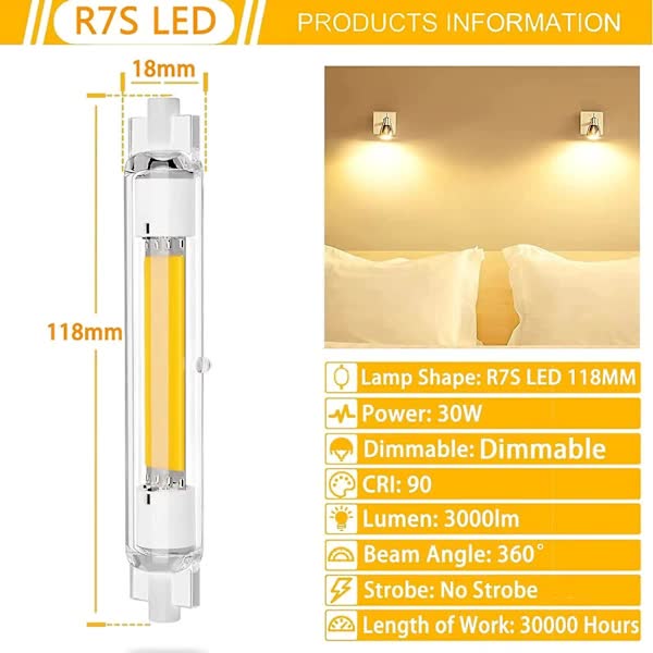 2 Pcs R7s 118mm 30W Dimmable LED Bulb Warm White 3000K Flicker Free V1188-XJEE-28187-1