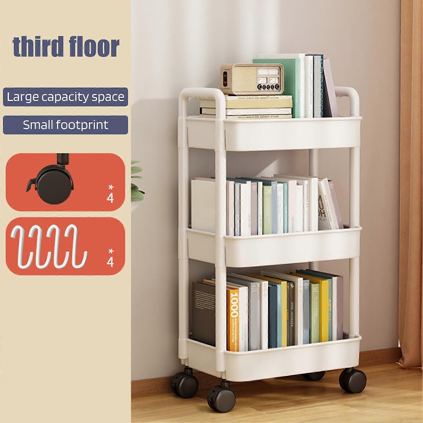 4-Tier Rolling Storage Cart with Wheels Black Mobile Rack Shelf Large Capacity Strong Load-Bearing V1188-XJQQ-21834-4