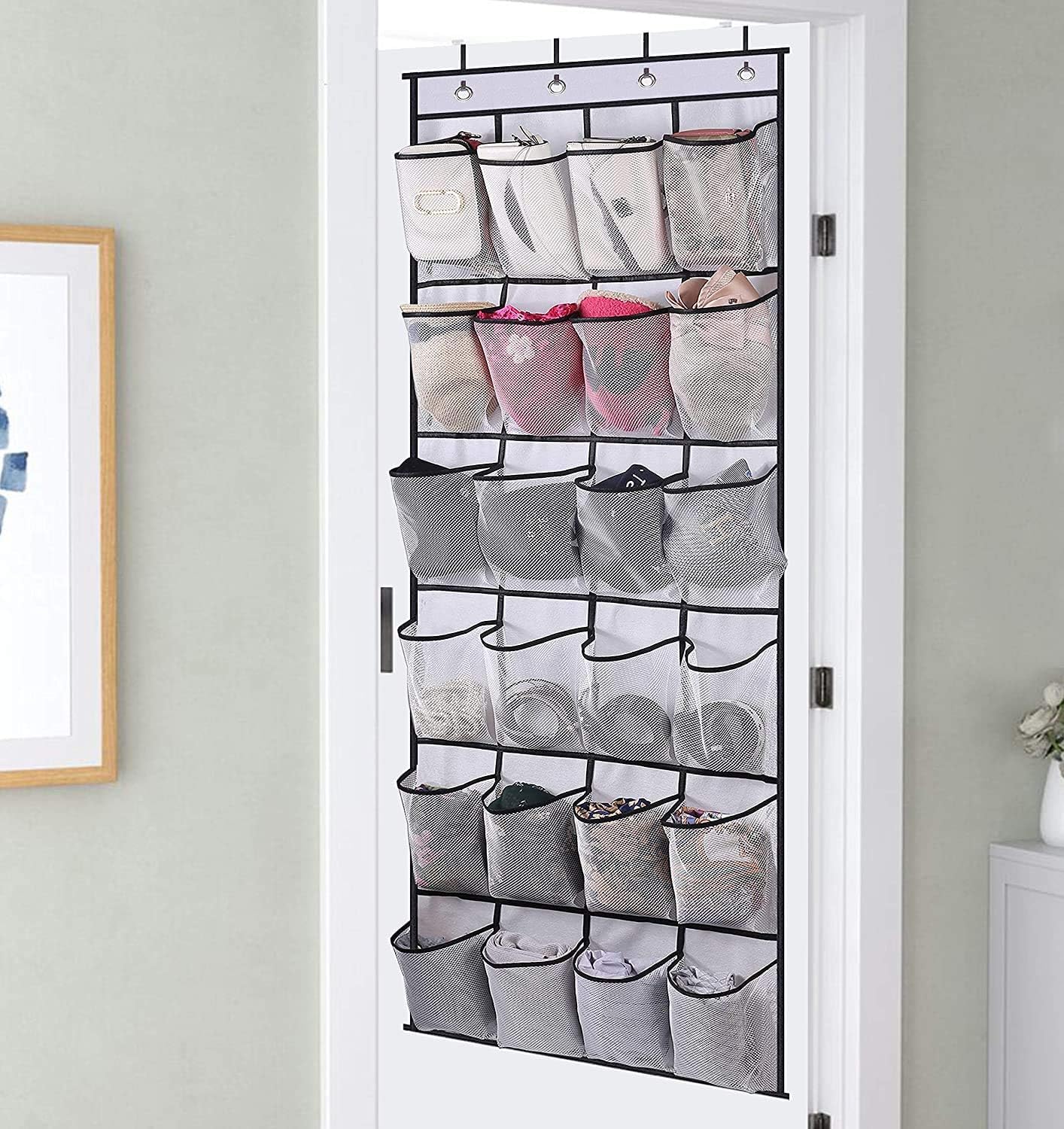 Over the Door Shoe Storage Organizer with 24 Large Mesh Pockets White V1188-XJQQ-29148-2