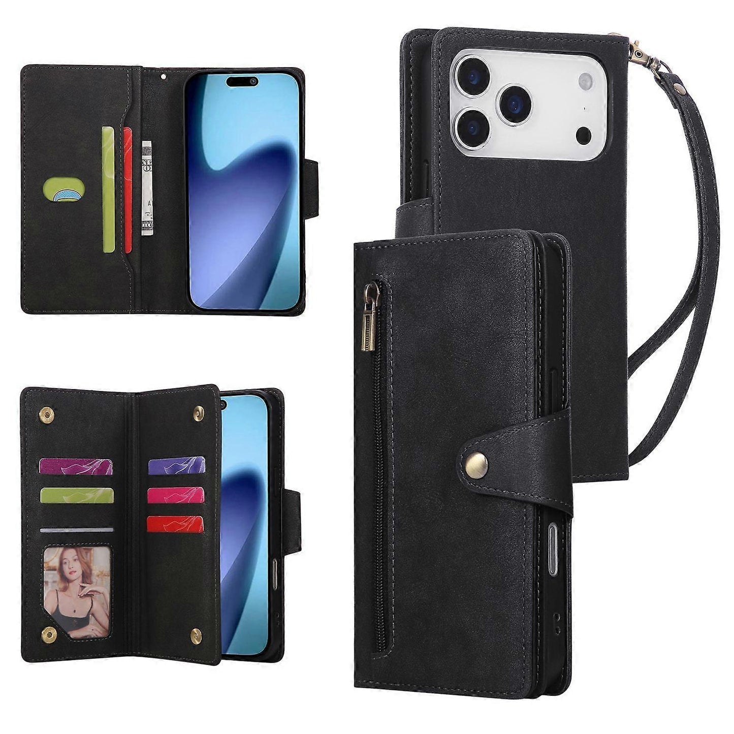 Magnetic Leather Wallet Card Holder Compatible with iPhone 17 Pro Max Black V1188-XY-Y1014-00700