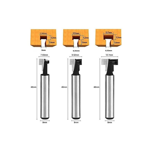 8mm T-Slot Router Bits 3Pcs Set with 7.93/9.52/12.7mm Shanks Compatible with Bosch DeWalt Makita for V1188-XY-Y829-461