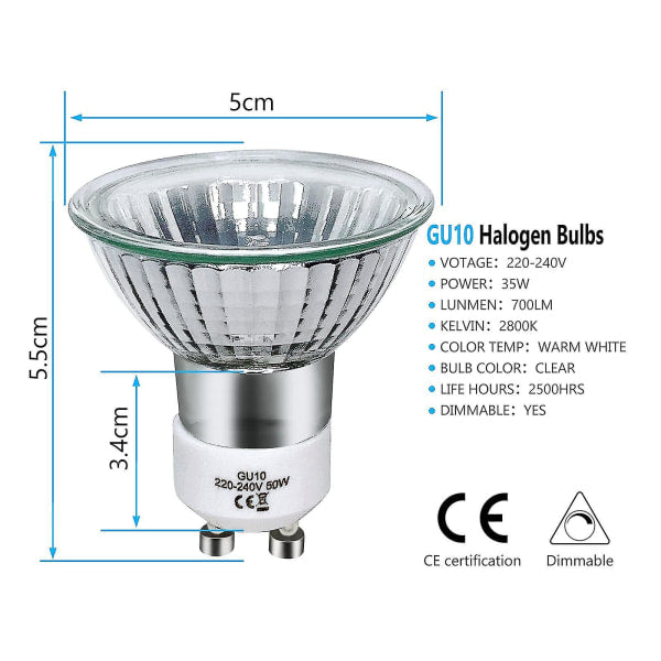 8-pack GU10 halogen bulbs 35W 220V warm white 2800K V1188-XY51-00125-1