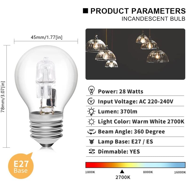 E27 Halogen Bulbs 6-Pack, 28W G45 Dimmable Warm White 2700K Golf Ball Clear Blub, Compatible with Chandeliers V1188-YG-FU1025-01882
