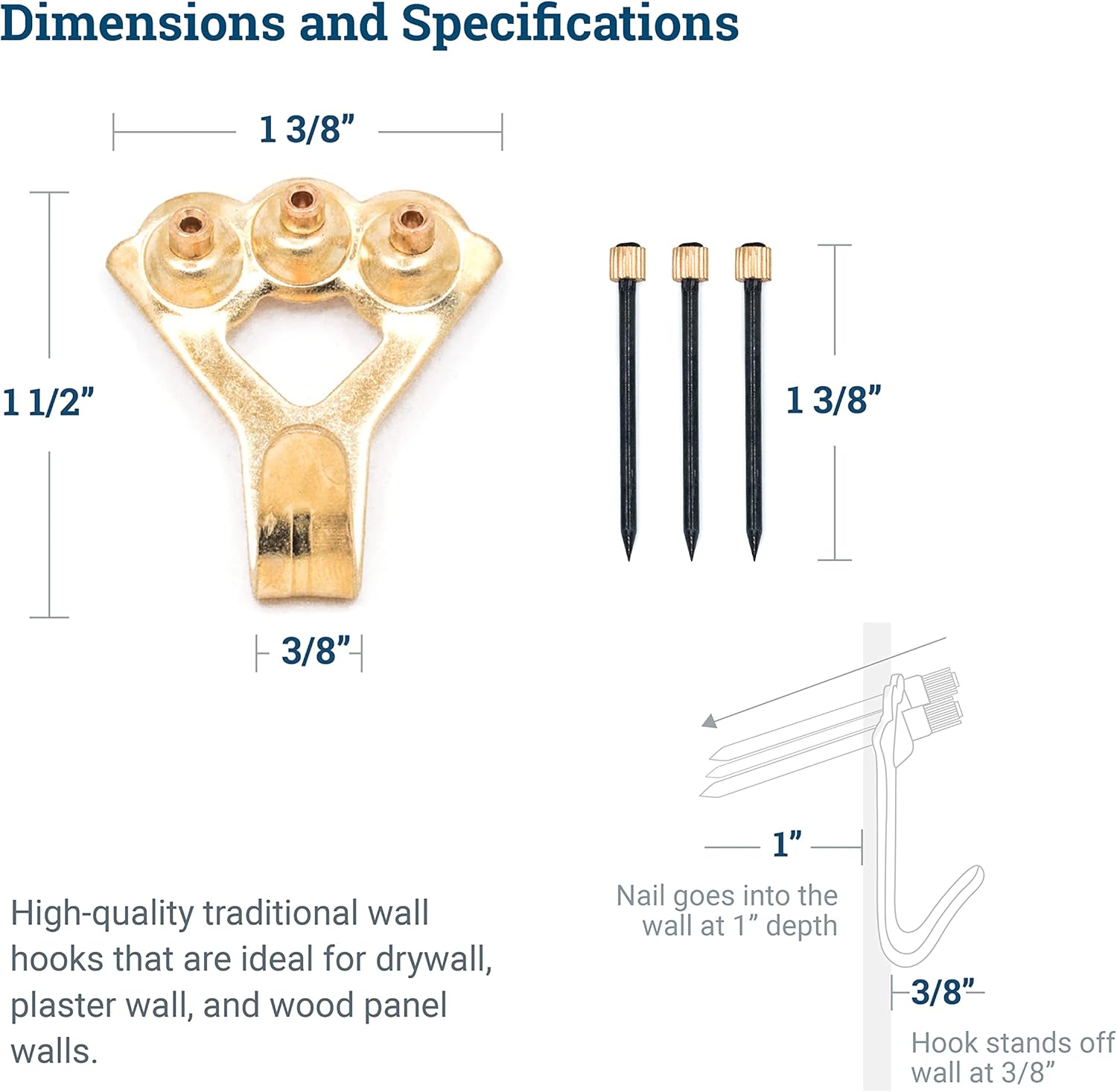 Heavy Duty Picture Hooks Hold 45 kg 10 Pack with Nails Compatible with Drywall for Mirrors V1188-YG-FU1112-00276