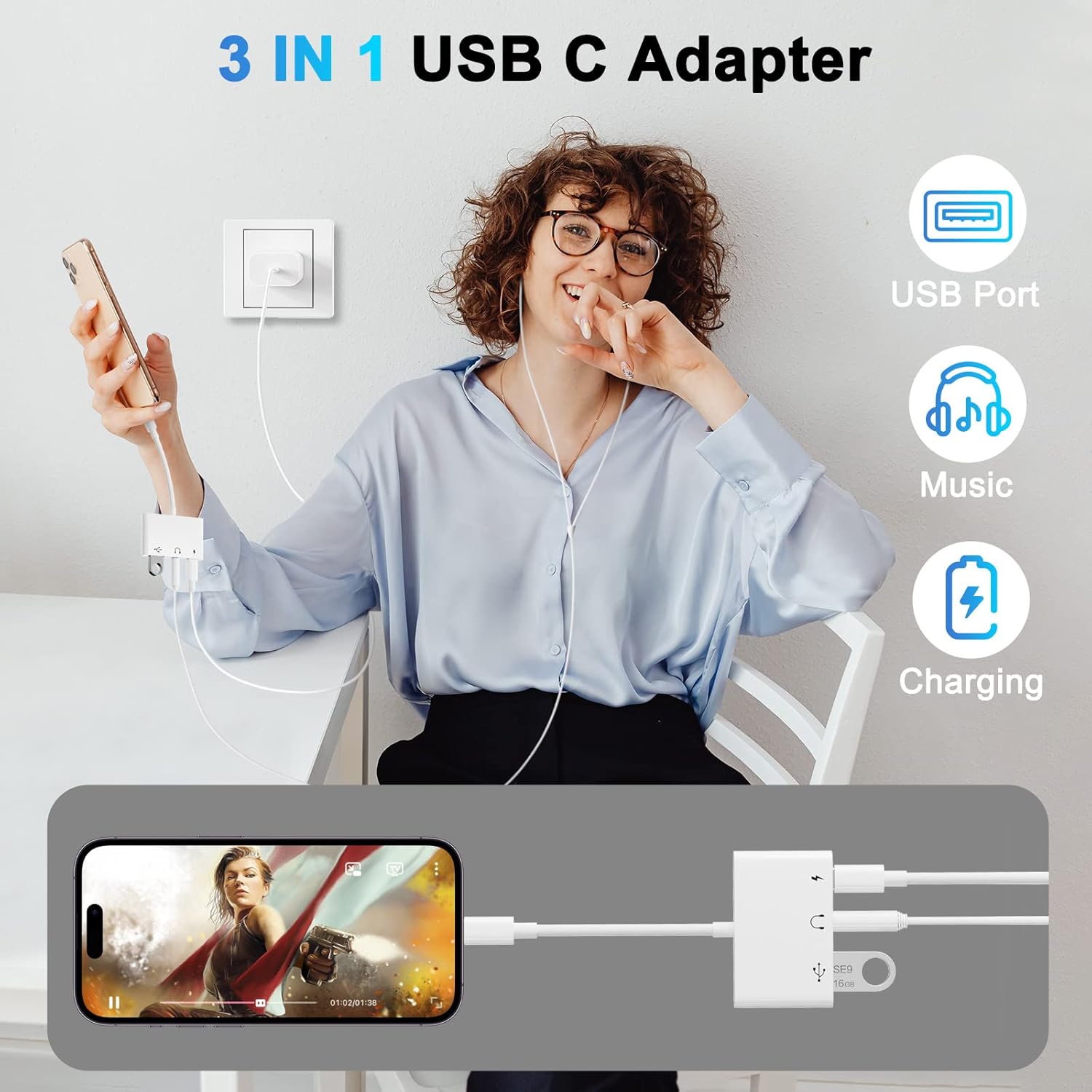 USB C to 3.5mm Jack Audio Adapter with Fast Charging OTG White V1188-YG-FY1231-336