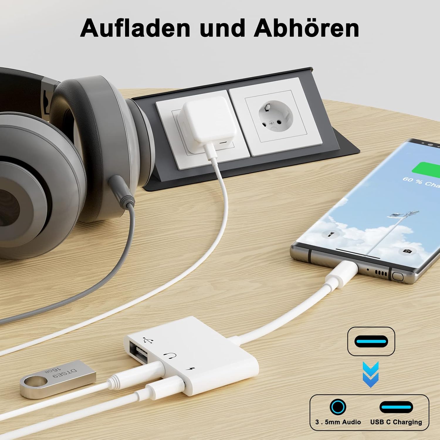 USB C to 3.5mm Jack Audio Adapter with Fast Charging OTG White V1188-YG-FY1231-336
