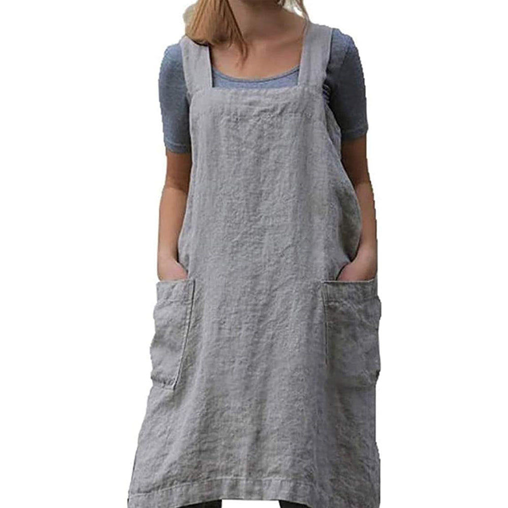 Gray Women's Cotton and Linen Apron with Cross Back and Large Pocket, Size M V1188-YG51-00621-3