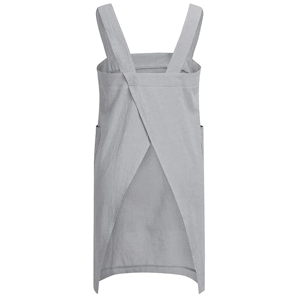 Gray Women's Cotton and Linen Apron with Cross Back and Large Pocket, Size M V1188-YG51-00621-3