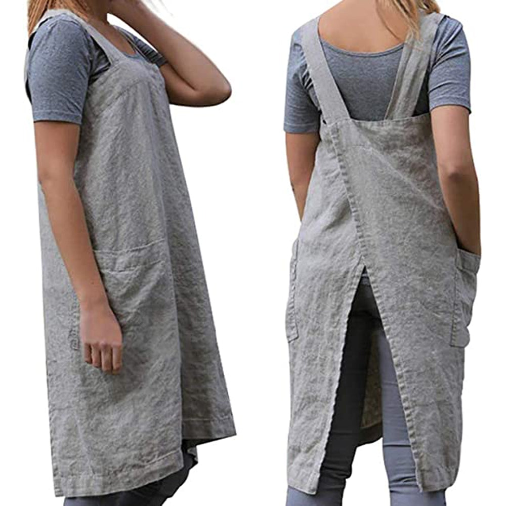 Gray Women's Cotton and Linen Apron with Cross Back and Large Pocket, Size M V1188-YG51-00621-3