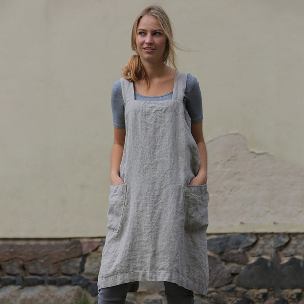 Gray Women's Cotton and Linen Apron with Cross Back and Large Pocket, Size M V1188-YG51-00621-3