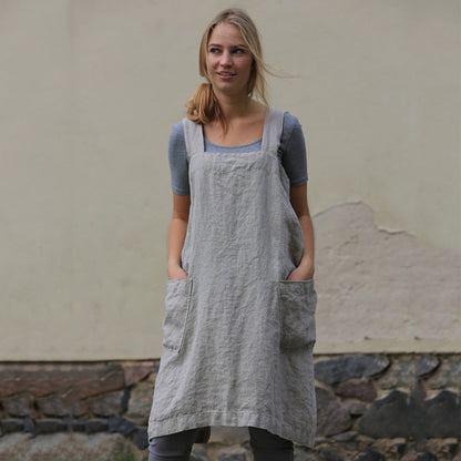 Gray Women's Cotton and Linen Apron with Cross Back and Large Pocket, Size M V1188-YG51-00621-3