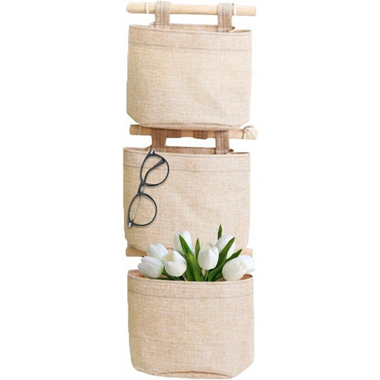 Hanging Storage Bag with Pockets 3 Layers Cotton Linen Canvas Hanging Storage Bag on Wall Door Organizer for V1188-YG516-05310-1