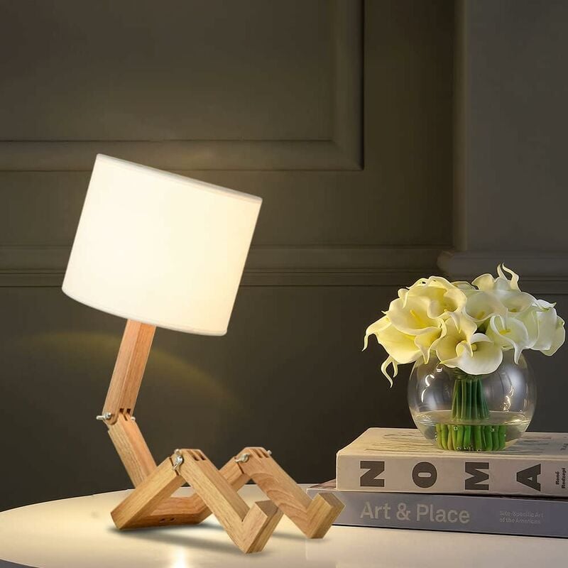 Creative Robot Desk Lamp, Adjustable Can Place Books Wooden Bedside Lamp with Fabric Lampshade E27 Screw for V1188-YG516-05455-1