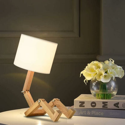 Creative Robot Desk Lamp, Adjustable Can Place Books Wooden Bedside Lamp with Fabric Lampshade E27 Screw for V1188-YG516-05455-1
