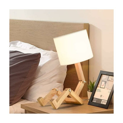 Creative Robot Desk Lamp, Adjustable Can Place Books Wooden Bedside Lamp with Fabric Lampshade E27 Screw for V1188-YG516-05455-1
