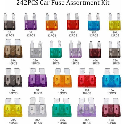 Car Fuse Auto Mini Fuses Assorted Kit 2A 3A 5A 7.5A 10A 15A 20A 25A 30A 35A 40A with Clip Storage Box 242 V1188-YG516-06684-2
