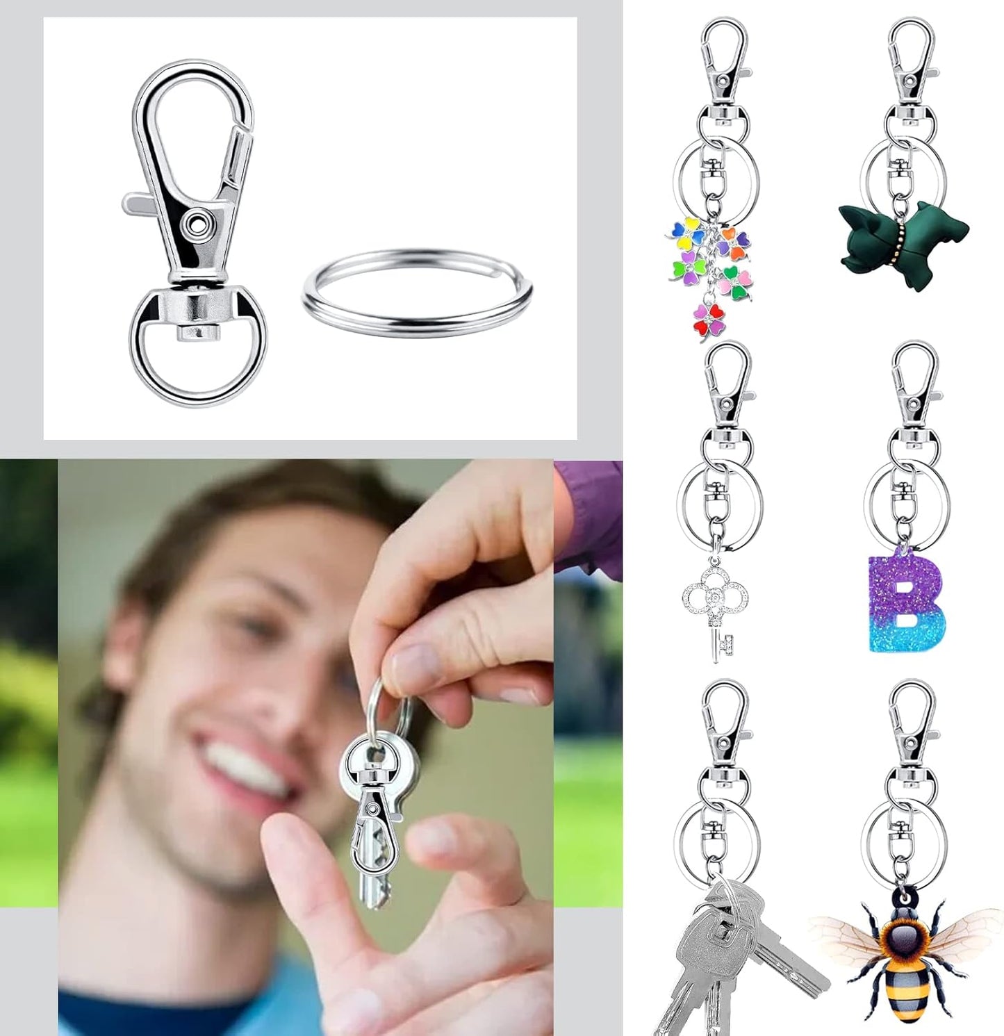 Small Stainless Steel Keychains, 100pcs Carabiner Keychains, DIY, DIY Ring, Button Lock, (Silver) V1188-YGAM51-00014-1