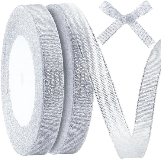 1/2in 50 Yard Silver Ribbon for Gift Wrapping, Glossy Sheer Satin Ribbon, Glitter Thin Fabric for Christmas V1188-YT-A-1205