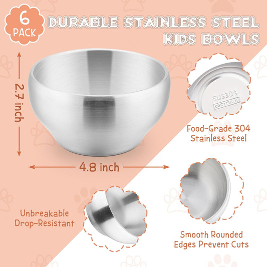 Stainless Steel Bowls for Kids-6 Pack, 12OZ Double Walled Baby Toddler Bowls for Baby Food/Cereal/Snack, V1188-YT-A-1235
