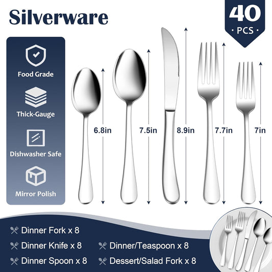 Heavy Duty Silverware Set for 8, 40-Piece Stainless Steel Flatware Cutlery Set, Thick Metal Eating Utensils V1188-YT-A-1239