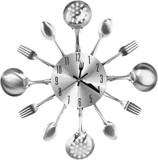 Metal Kitchen Cutlery Wall Clock 14 Inch with Fork Spoon 3D Non Ticking Quartz Watch Clock for Bedroom Home V1188-YT-A-2246