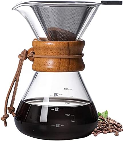 Pour Over Coffee Maker,Reusable Glass Coffee Pot Manual Dripper Brewer Hand Drip with Stainless Steel Filter V1188-YT-A-487