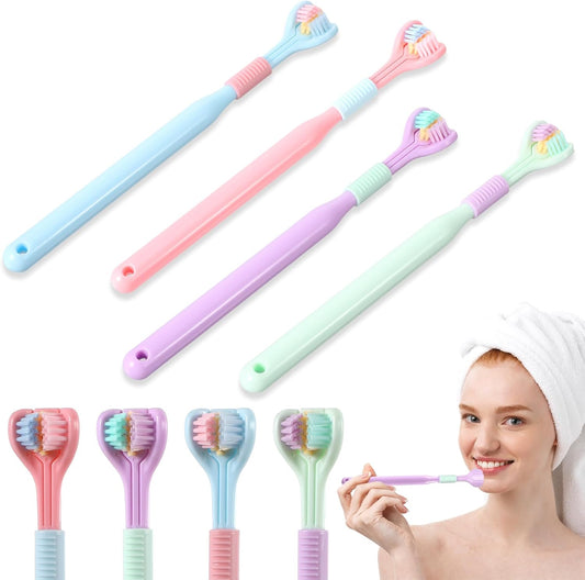 4Pcs 3 Sided Toothbrush Adult, Colorful Three Sided Toothbrush Set with Soft Bristle, Triple Head Toothbrush V1188-YT-A-834