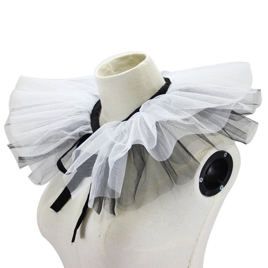 Women's Renaissance Tulle Ruffled False Collar Layered Black White Mesh Clown Choker Lace Up Victorian Neck V1188-YU-99-1710-1