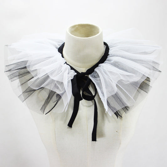 Women's Renaissance Tulle Ruffled False Collar Layered Black White Mesh Clown Choker Lace Up Victorian Neck V1188-YU-99-1710-1