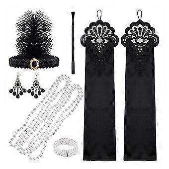 1920s Flapper Accessories Set with Headband Pearl Necklace Bracelet Earrings Gloves V1188-YU108-02587-1