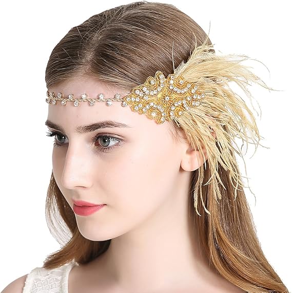 Vintage Feather Flapper Headband 1920s Art Deco Sparkly Hairband Headpiece V1188-YU108-05540-1