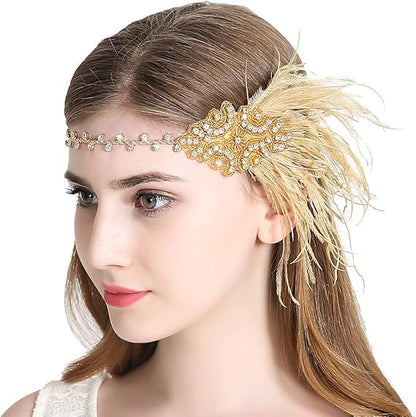 Vintage Feather Flapper Headband 1920s Art Deco Sparkly Hairband Headpiece V1188-YU108-05540-1