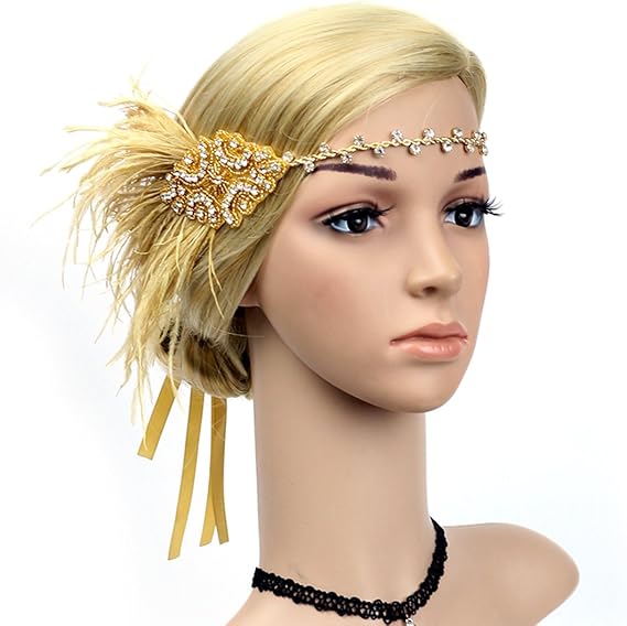 Vintage Feather Flapper Headband 1920s Art Deco Sparkly Hairband Headpiece V1188-YU108-05540-1