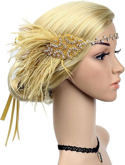 Vintage Feather Flapper Headband 1920s Art Deco Sparkly Hairband Headpiece V1188-YU108-05540-1