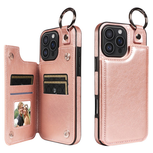 Compatible with Apple iPhone 16 Pro Max Case with Ring and Card Holder, PU Leather, Rose Gold Pink, Skalo V1188-YU108-05743-1