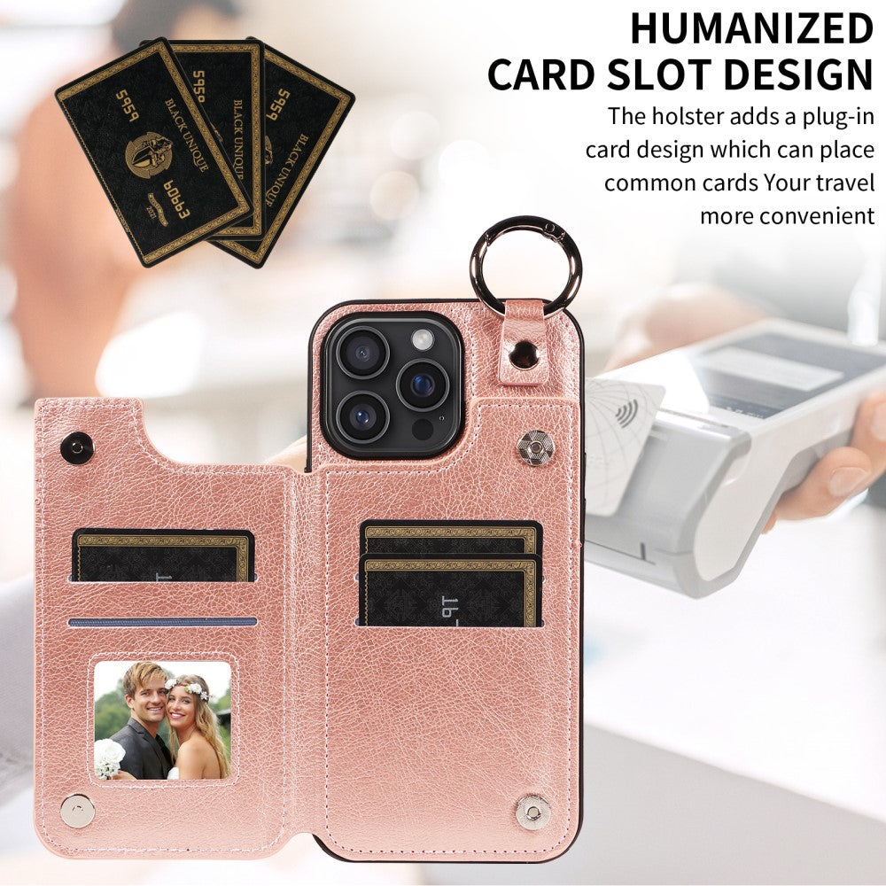 Compatible with Apple iPhone 16 Pro Max Case with Ring and Card Holder, PU Leather, Rose Gold Pink, Skalo V1188-YU108-05743-1