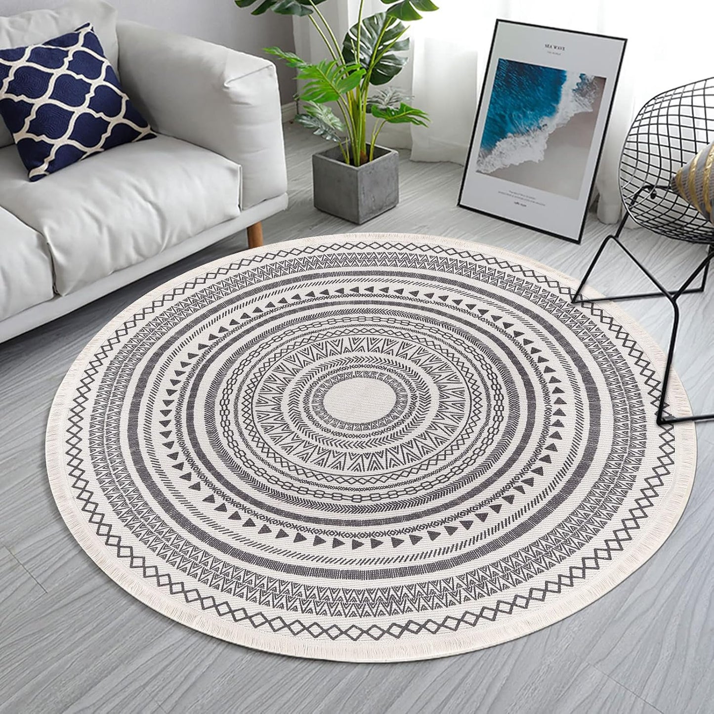 Moroccan Style Grey Round Woven Cotton Washable Absorbent Rug 120cm with Fringes V1188-YU108C-04839-3