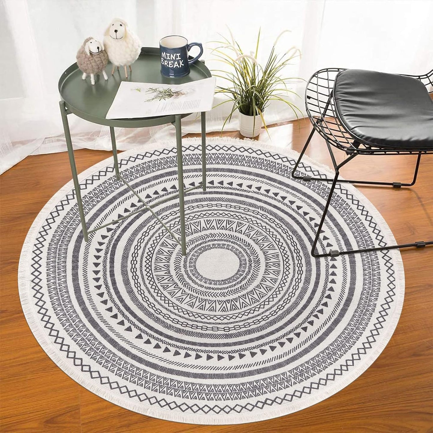 Moroccan Style Grey Round Woven Cotton Washable Absorbent Rug 120cm with Fringes V1188-YU108C-04839-3