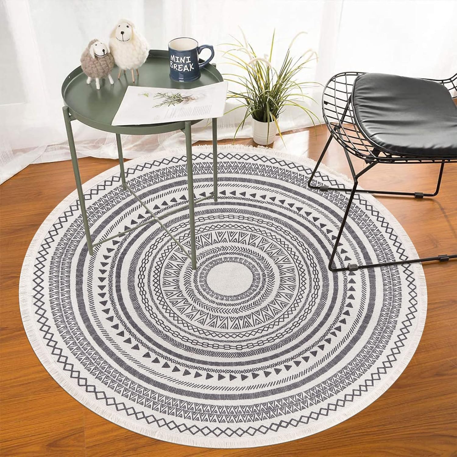 Moroccan Style Grey Round Woven Cotton Washable Absorbent Rug 120cm with Fringes V1188-YU108C-04839-3