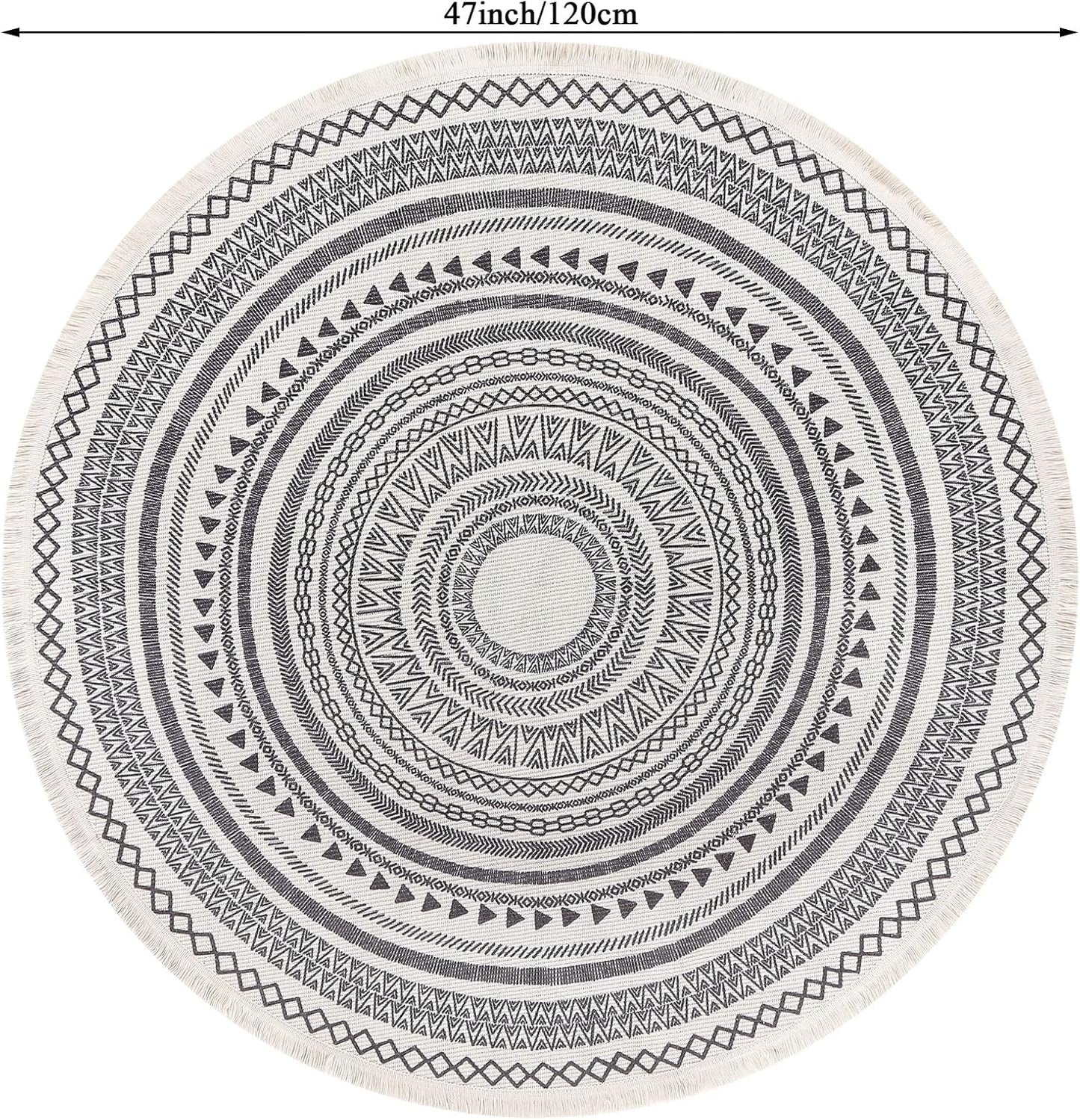 Moroccan Style Grey Round Woven Cotton Washable Absorbent Rug 120cm with Fringes V1188-YU108C-04839-3