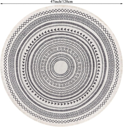 Moroccan Style Grey Round Woven Cotton Washable Absorbent Rug 120cm with Fringes V1188-YU108C-04839-3