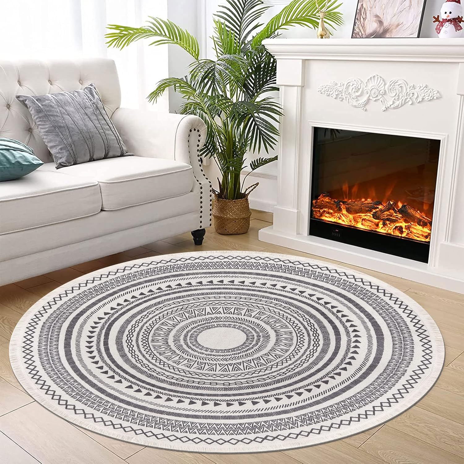 Moroccan Style Grey Round Woven Cotton Washable Absorbent Rug 120cm with Fringes V1188-YU108C-04839-3